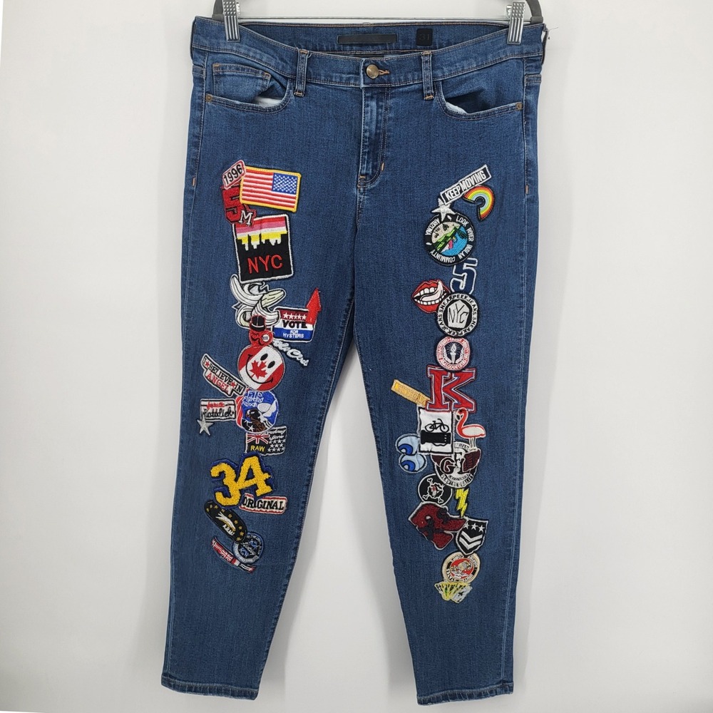 SP Black Label Patch Jeans‎ Women's Dark Wash Denim City Patches Trendy Casual